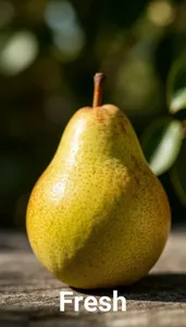 Sample photo of a pear transformed with l_text:Roboto_72_bold:Fresh,co_white,g_south,y_40